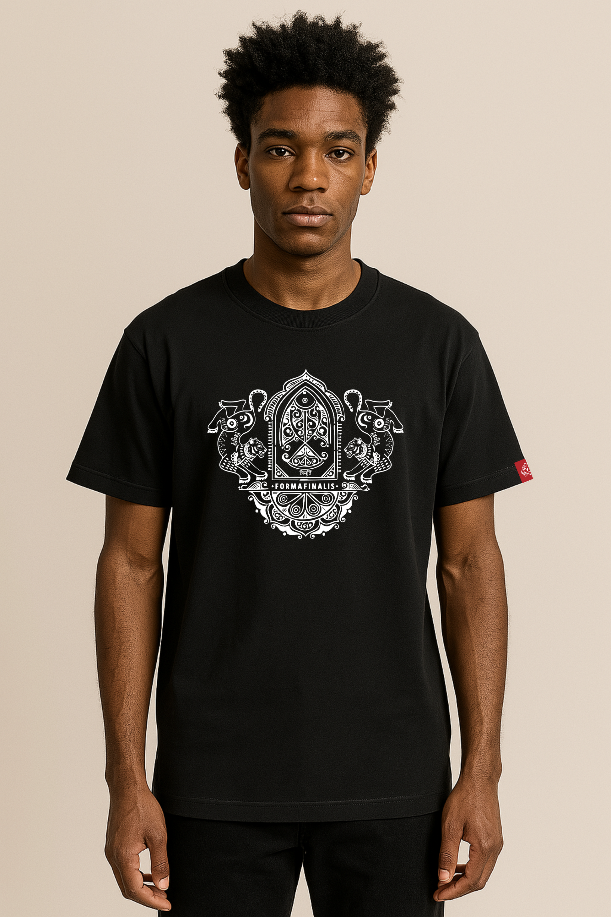 Model wears large Ornate Twin Tiger Graphic Print Tee. Premium T-Shirt – Black – Heavyweight 240GSM Unisex Organic Cotton Streetwear Tee by FormaFinalis.  Embroided Tiger logo left sleeve.  Model is 6'1" and wears a size large.
