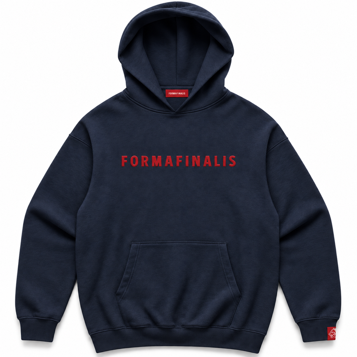 Navy FF Capsule heavyweight cotton hoodie with red embroidered FormaFinalis wordmark, kangaroo pocket and FF tiger sleeve label. Large hood.french terr 500gsm.