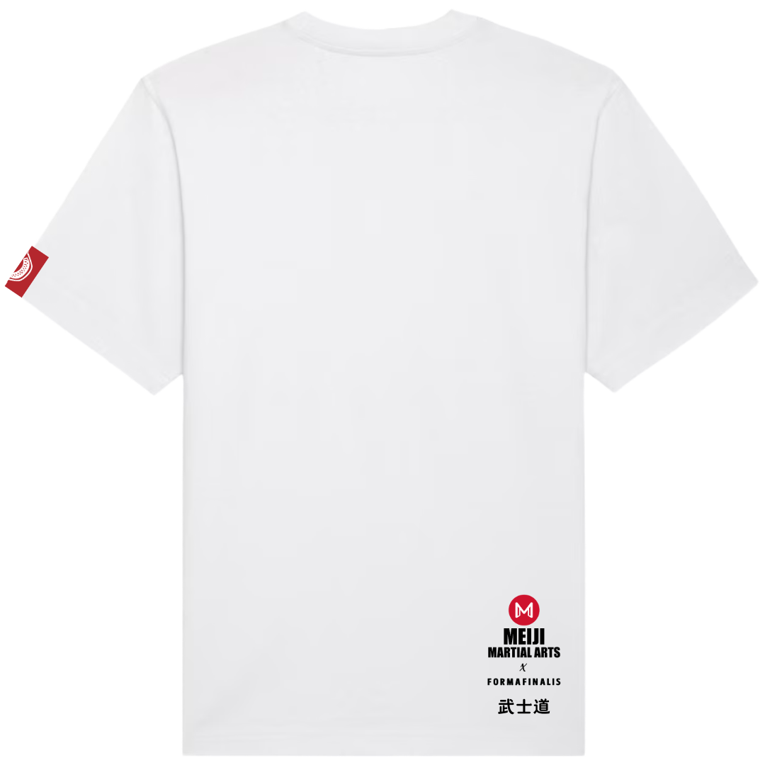 White t-shirt with red and black MEIJI MARTIAL ARTS / FormaFinalis logo offset bottom right corner