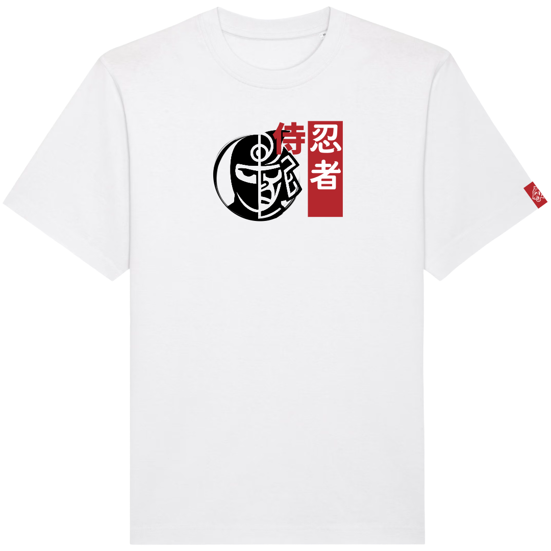White t-shirt with black and red graphic Ninja/ Warrior design. FormaFinalis woven tiger tab on sleeve.  Front view  