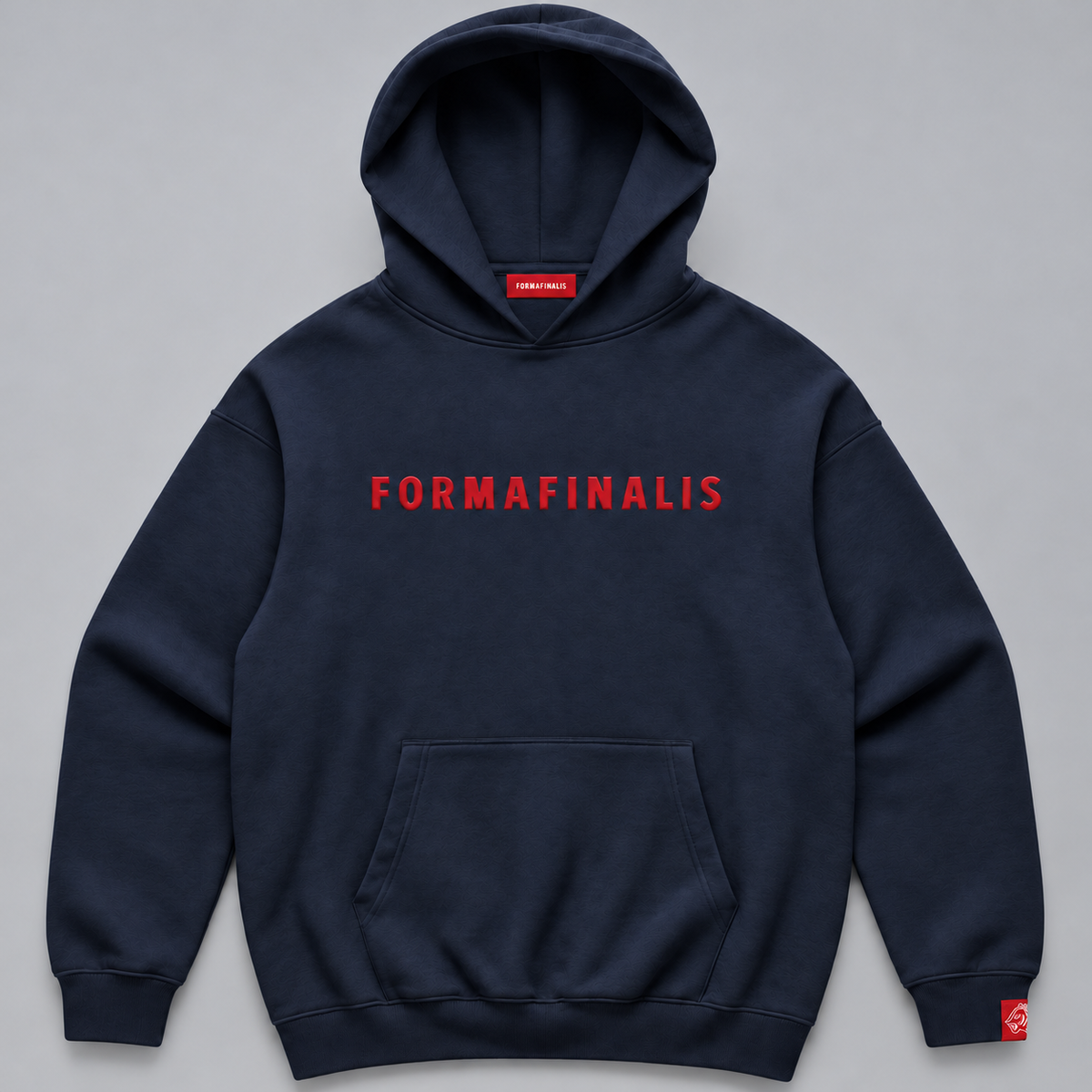 Navy FF Capsule heavyweight cotton hoodie with red embroidered FormaFinalis wordmark, kangaroo pocket and FF tiger sleeve label. Large hood.french terr 500gsm.