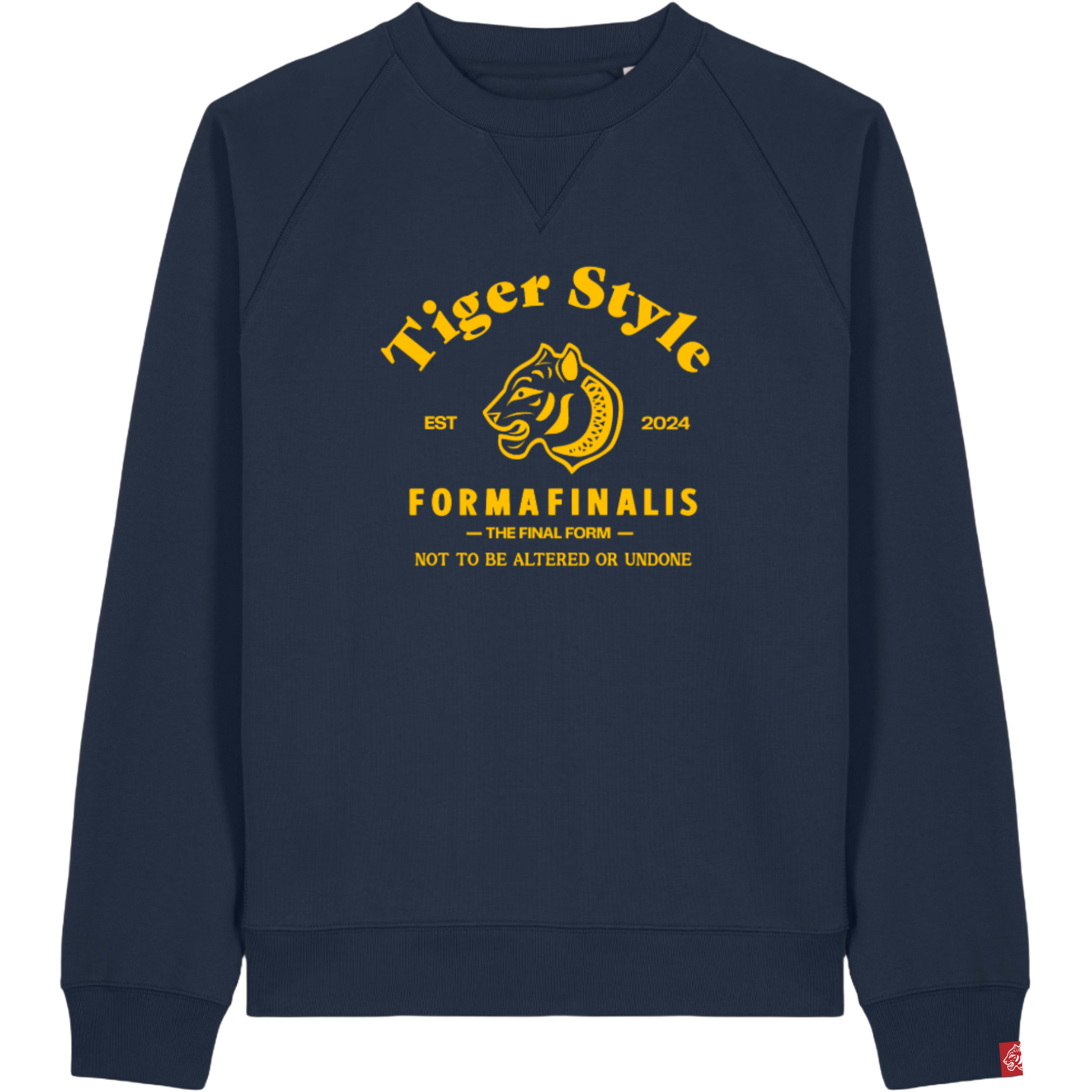 Tiger Style Premium Retro Sweatshirt – Navy – Unisex Heavyweight Raglan Crew by FormaFinalis.  Relaxed fit, premium brushed organic cotton.  Large retro inspired  tiger graphic on front panel.
